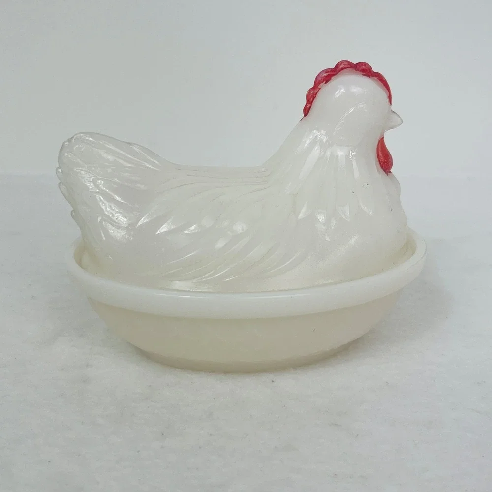 Vintage Milk Glass Hen on Nest Trinket Dish White Red Farmhouse Decor Good
